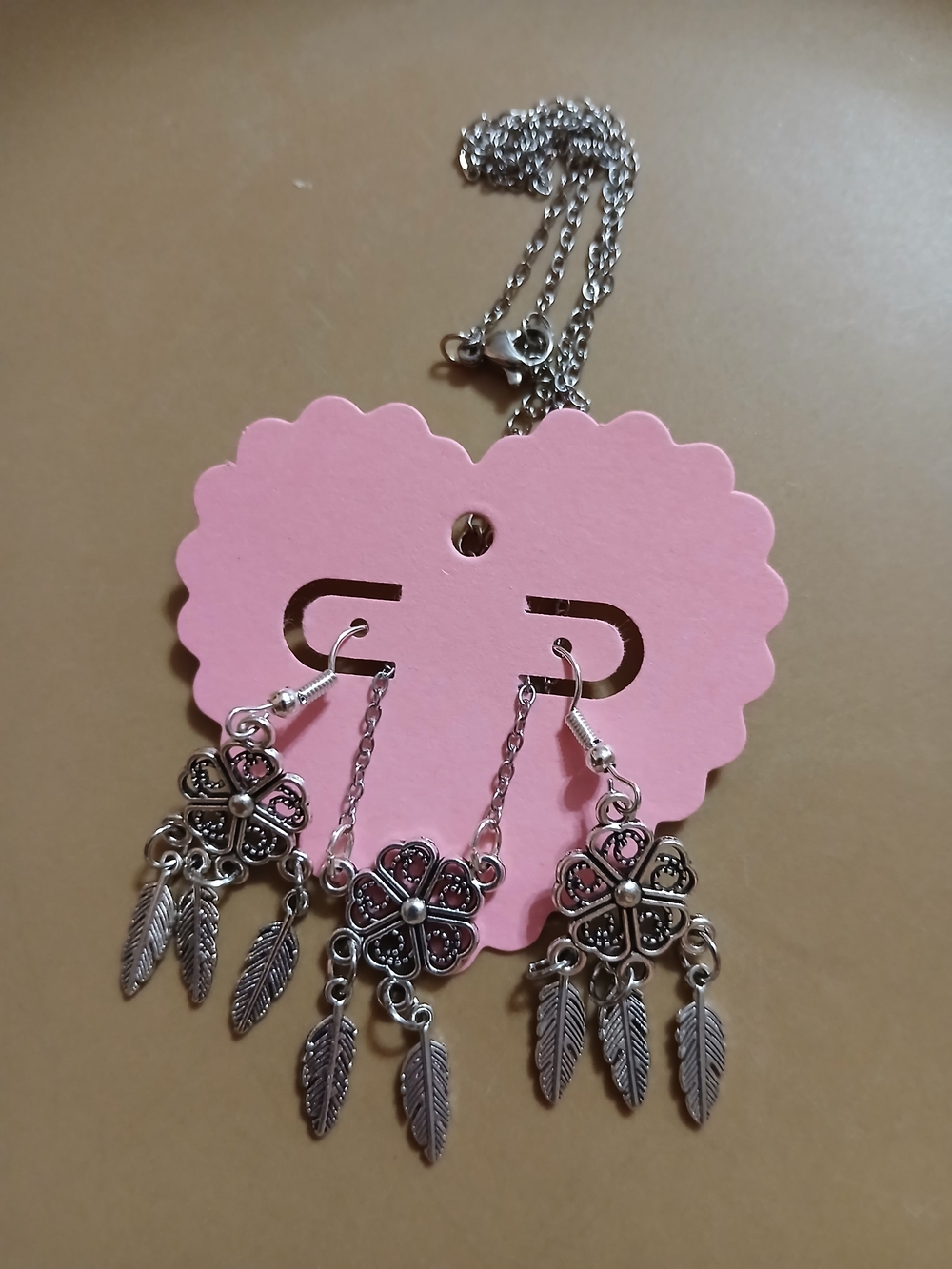 Silver Floral Feather Dangle Necklace & Earrings Set - Women's Jewelry